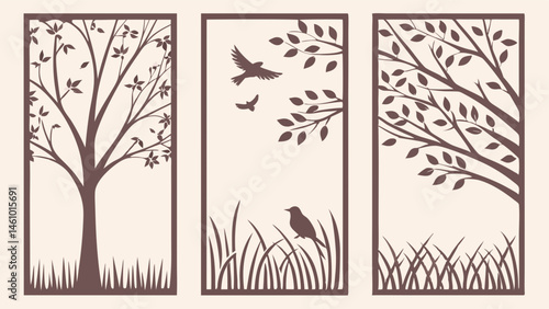Decorative Nature Panels Set of 3 Laser Cut Tree Bird Grass Silhouette Screen and Wall Art