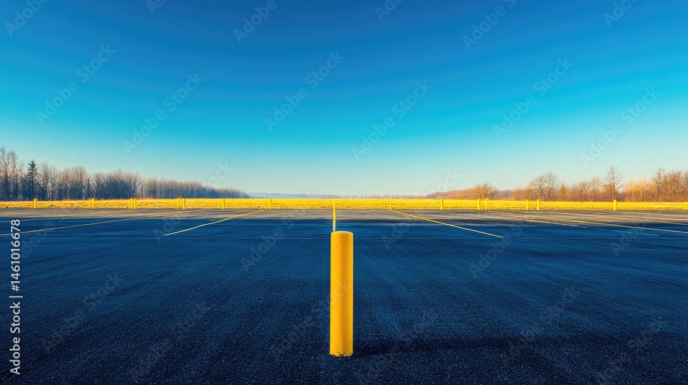 Fototapeta premium Yellow vertical supports dominate the visual landscape of a deserted bright parking lot