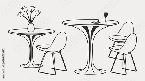 Black White Mid-Century Modern Cafe Furniture Illustration Tulip Tables Chairs Flowers Drinks