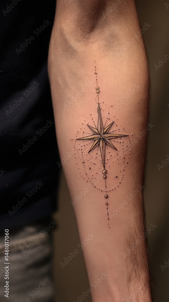Obraz premium Delicate compass star tattoo design on forearm.