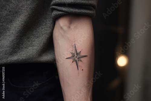 Close-up of a delicate compass star tattoo on a forearm.