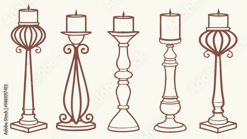 Ornate Vintage Style Decorative Candle Holders Set of Five Elegant Home Table Decor Line Art Illustration