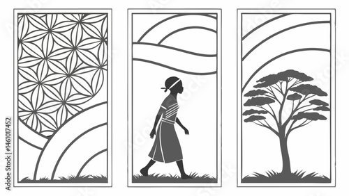 Black White African Silhouette Decorative Panels Set Geometric Pattern Walking Woman Acacia Tree