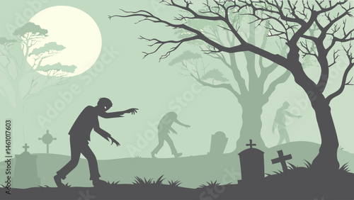 Spooky Undead Zombies Graveyard Silhouette Full Moon Halloween Art