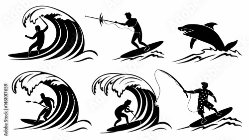 Water Sports Silhouettes Surfing, Wakeboarding, Shark, Paddleboarding, Fishing on Waves Black and White Graphic