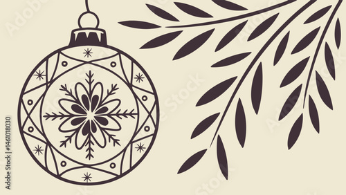 Elegant Line Art Christmas Ornament Bauble with Folk Snowflake Pattern Hanging from Branch Holiday Decor