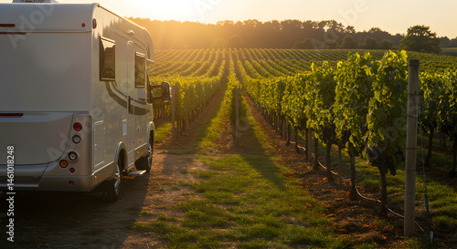 Recreational Vehicle Parked Beside A Picturesque Vineyard At Sunset