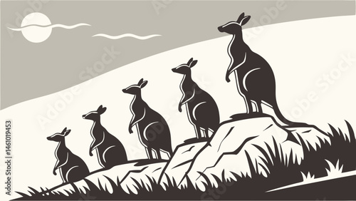 Vintage Graphic Art Five Kangaroos Silhouettes Standing on Rocks at Sunset