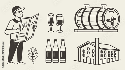 Brewery and Craft Beer Brewing Process Line Art Illustration with Brewer, Menu, Barrel, Bottles, Glasses, Hops, Building