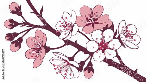 Stylized Pink Cherry Blossom Branch Illustration Japanese Style Floral Art
