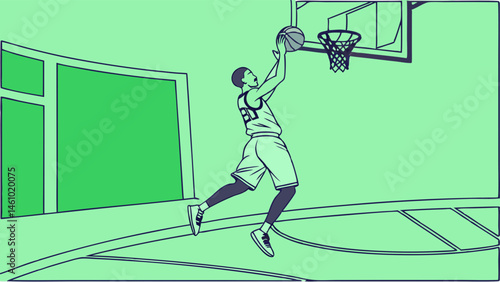 Dynamic Green Line Art Illustration of a Basketball Player Driving and Shooting a Layup on an Indoor Basketball Court Sports Action