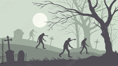 Spooky Undead Zombie Silhouettes Walking Through a Misty Graveyard at Night