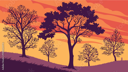 Beautiful Stylized Landscape Illustration of Trees Silhouetted Against a Vibrant Sunset Sky on Hills