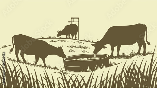 Vintage Etching Style Cows Drinking Water Trough Rural Farm Field Landscape Illustration