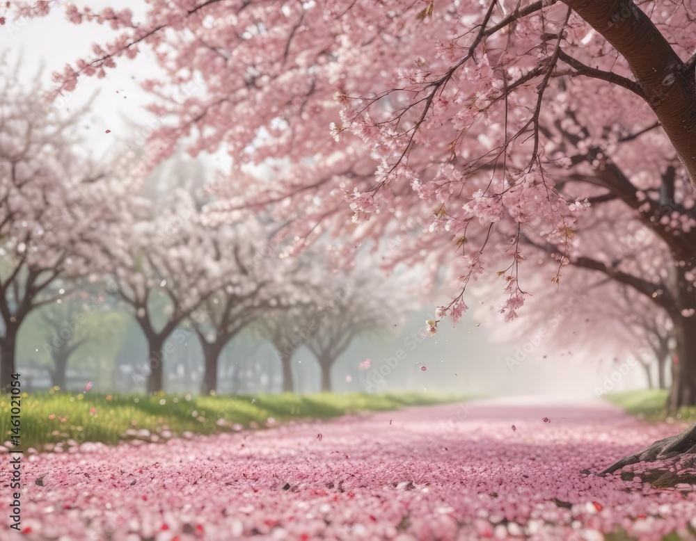 Naklejka premium Falling sakura petals, soft pink, gentle descent amidst a blurred cherry orchard , falling, flowers