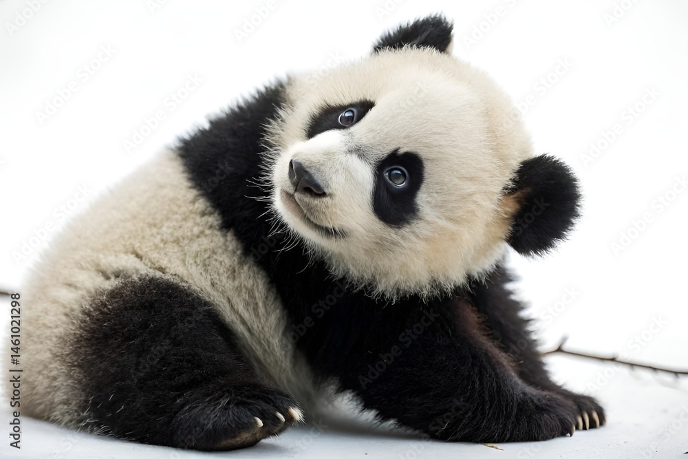 Naklejka premium Adorable Panda Close-Up on White Background with Playful Expression