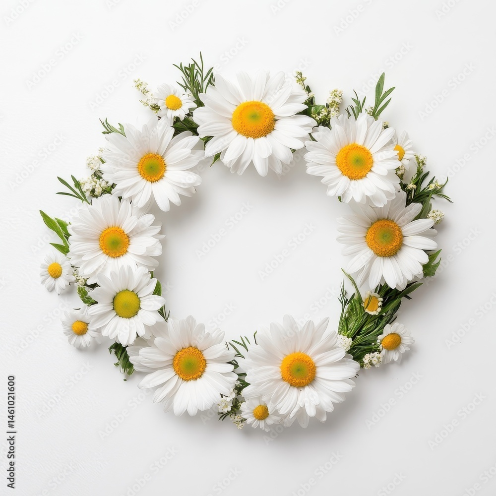 Obraz premium White daisies arranged in a wreath frame, isolate on white background.
