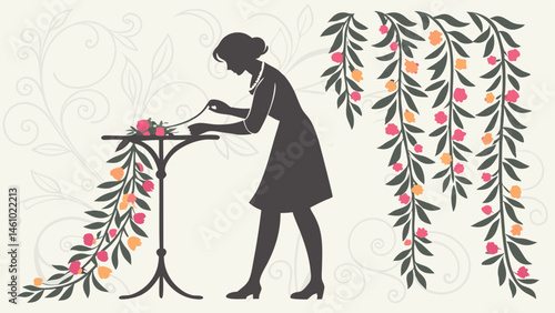 Elegant Woman Arranging Flowers Silhouette Illustration Vintage Floral Decor Art