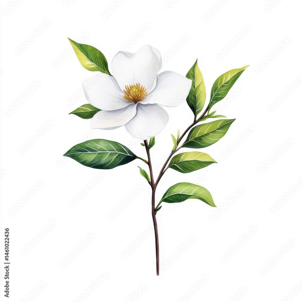 Obraz premium Elegant magnolia flowers with glossy green leaves, isolate on white background.