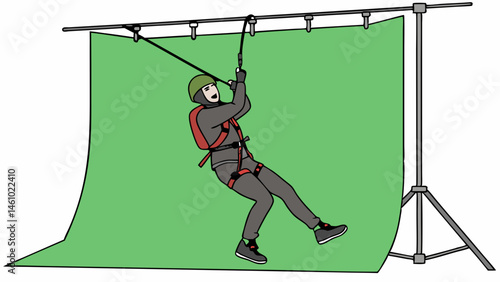 Studio Filming Green Screen Illustration Person Suspended in Harness for Stunt Action