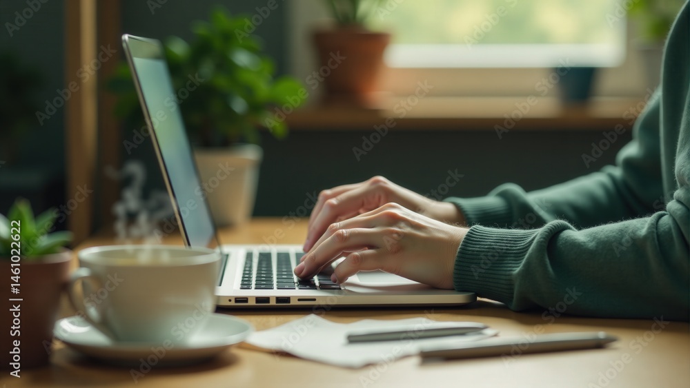 Fototapeta premium Woman Typing At Desk With Laptop