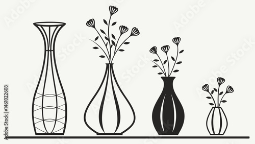 Black and White Line Art Illustration of Four Minimalist Vases with Flowers on a Shelf, Decorative Home Decor Design Element
