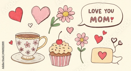 Cute, hand-drawn Mother's Day elements in pastel colors.