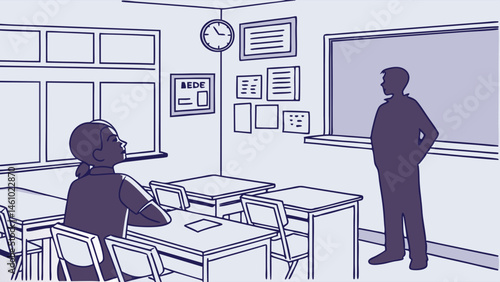 Monochrome line art school classroom illustration with student, teacher, desks, clock, and frames