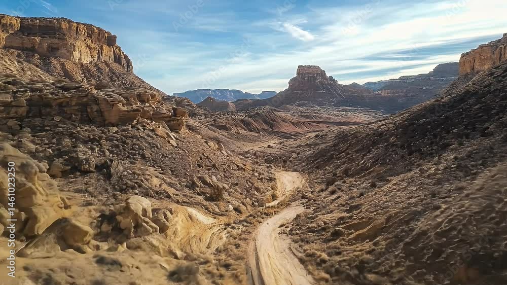 Desert Canyon Landscape With Rocky Outcrops Under A Clear Blue Sky And Natural Light Desert Canyon Landscape With Rocky Outcrops Under A Clear Blue Sky And Natural Light