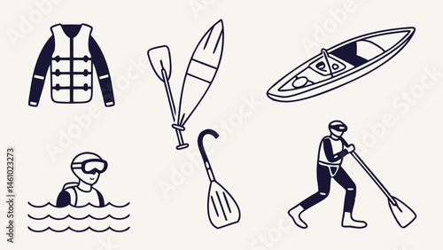 Water Sports Equipment and Activities Line Art Icons Kayaking Paddleboarding Snorkeling Gear Illustration