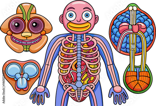 parasympathetic and sympathetic nervous systems, various organs and bodily functions structure diagram hand drawn schematic vector illustration.