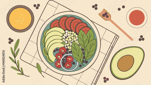 Healthy Vegan Buddha Bowl Flat Lay Illustration with Fresh Avocado Tomatoes and Chickpeas