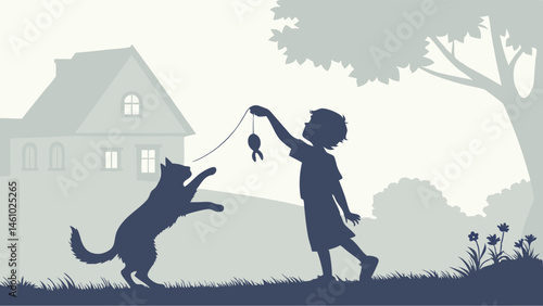 Highly Detailed Grayscale Silhouette Illustration of a Young Boy Playing with His Pet Cat Using a Toy Mouse Outdoors Near a House and Tree
