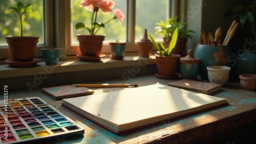 Artist's Desk With Watercolor And Plants