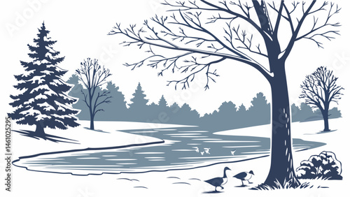 Blue Gray Winter Landscape Illustration with Pond Geese Bare Trees and Evergreen