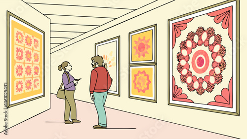 Illustrated Scene Art Gallery Visitors Viewing Colorful Patterned Artwork