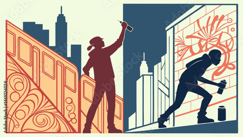 Urban Street Art Illustration Two Graffiti Artists Spray Painting a Subway and City Wall