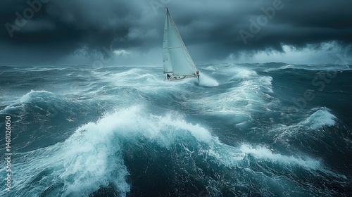 Sailboat navigating a stormy sea.  Vast waves crash around a small vessel, battling the elements