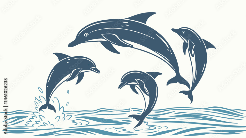 Naklejka premium Vintage Blue Sketch Illustration of Four Dolphins Leaping and Splashing in Ocean Waves Marine Life