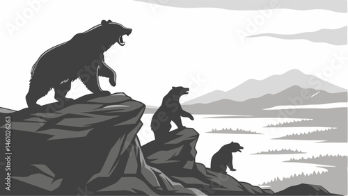 Silhouetted Bear Family on Rocky Peak Overlooking Mountain Landscape Illustration