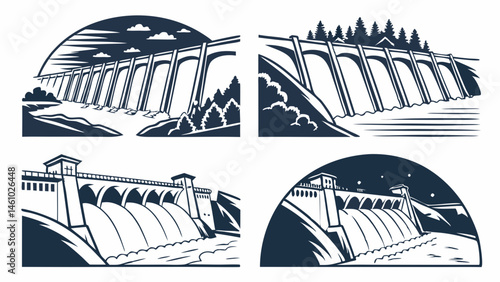 Retro Dam Illustrations Collection Black and White Woodcut Style Hydroelectric Power Icons