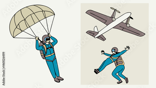 Skydiving Adventure Illustration: Skydiver with Parachute, Falling Skydiver, and Airplane