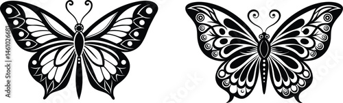 Decorative black and white butterfly illustration with intricate details on a clean white background.
