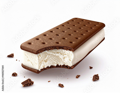 A bitten vanilla ice cream sandwich with chocolate wafers on a white background.