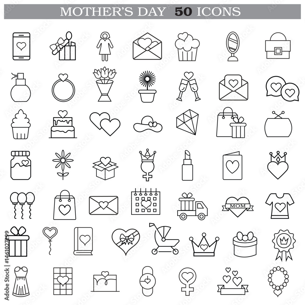 Art & Illustration A collection of minimalistic line icons themed around Mother's Day, Mother's Day Line Icons Set Art & Illustration A collection of minimalistic line icons themed around Mother's Day, Mother's Day Line Icons Set