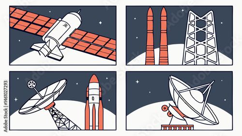 Retro Space Illustration Rockets Satellites Launch Pad Satellite Dish Art