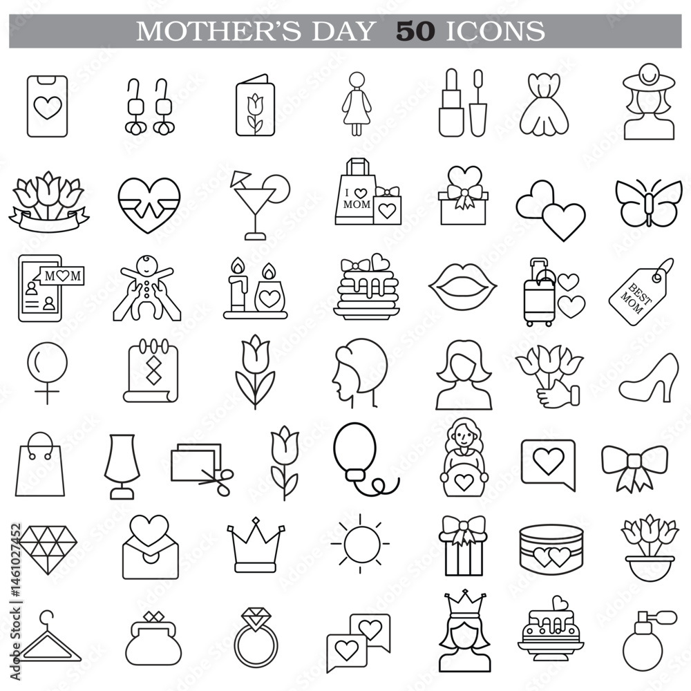 Art & Illustration A collection of minimalistic line icons themed around Mother's Day, Mother's Day Line Icons Set Art & Illustration A collection of minimalistic line icons themed around Mother's Day, Mother's Day Line Icons Set
