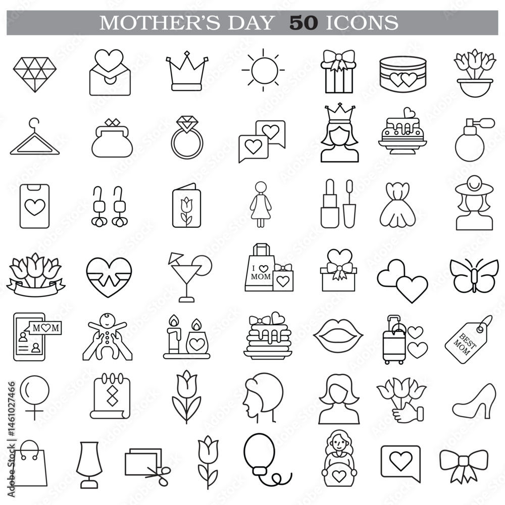 Art & Illustration A collection of minimalistic line icons themed around Mother's Day, Mother's Day Line Icons Set Art & Illustration A collection of minimalistic line icons themed around Mother's Day, Mother's Day Line Icons Set