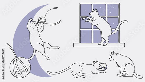 Simple Line Art Illustration of Cats Playing with Yarn Ball and Looking Out Window