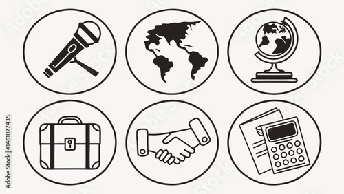 Global Business Communication Finance Line Art Icons Set